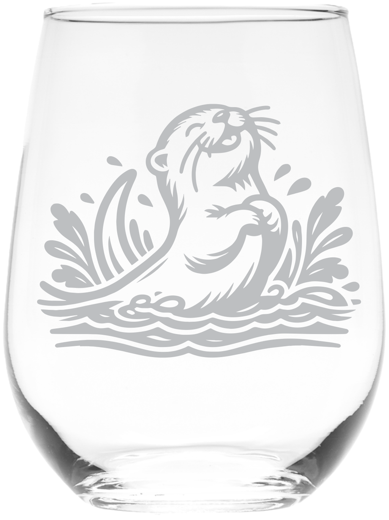 Otter Stemless Wine Glass - Cute Otter Themed Gift for Women and Men - 17 oz. (Style O7)