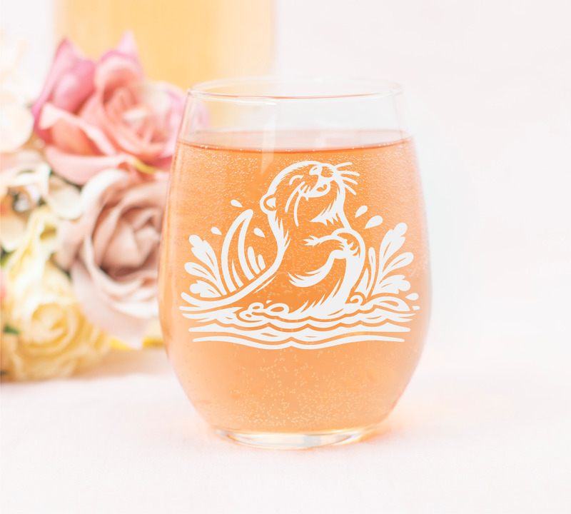 Otter Stemless Wine Glass - Cute Otter Themed Gift for Women and Men - 17 oz. (Style O7)