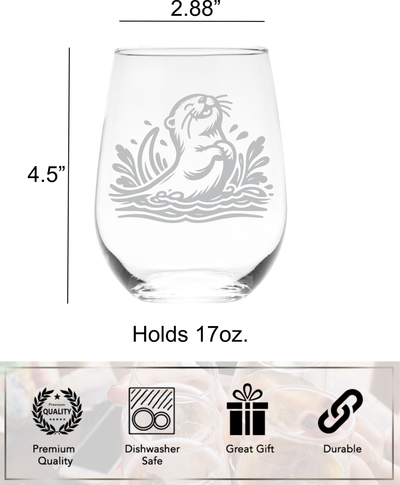 Otter Stemless Wine Glass - Cute Otter Themed Gift for Women and Men - 17 oz. (Style O7)