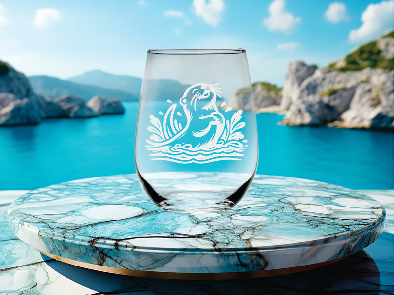 Otter Stemless Wine Glass - Cute Otter Themed Gift for Women and Men - 17 oz. (Style O7)
