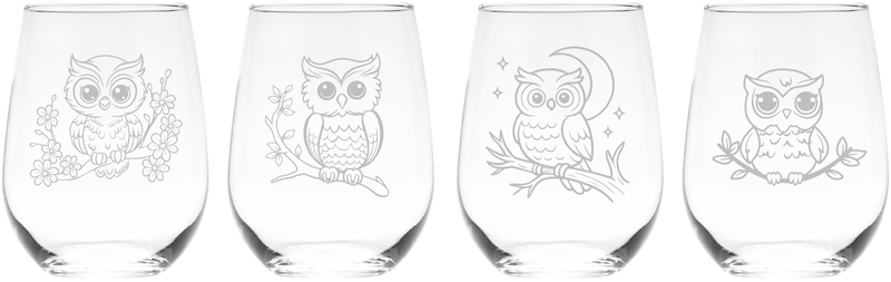 Owl Stemless Wine Glass Set – Owl Themed Gift for Women and Men - 4 Pieces
