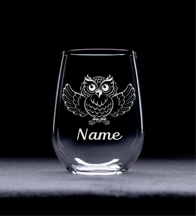Owl with Name 17 oz.  Custom Stemless Wine Glass - Personalized Owl Themed Gift for Women and Men