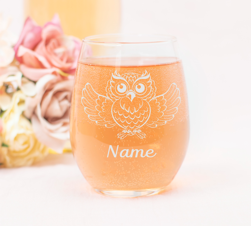 Owl with Name 17 oz.  Custom Stemless Wine Glass - Personalized Owl Themed Gift for Women and Men