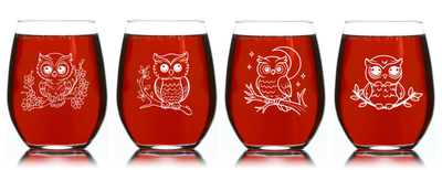 Owl Stemless Wine Glass Set – Owl Themed Gift for Women and Men - 4 Pieces