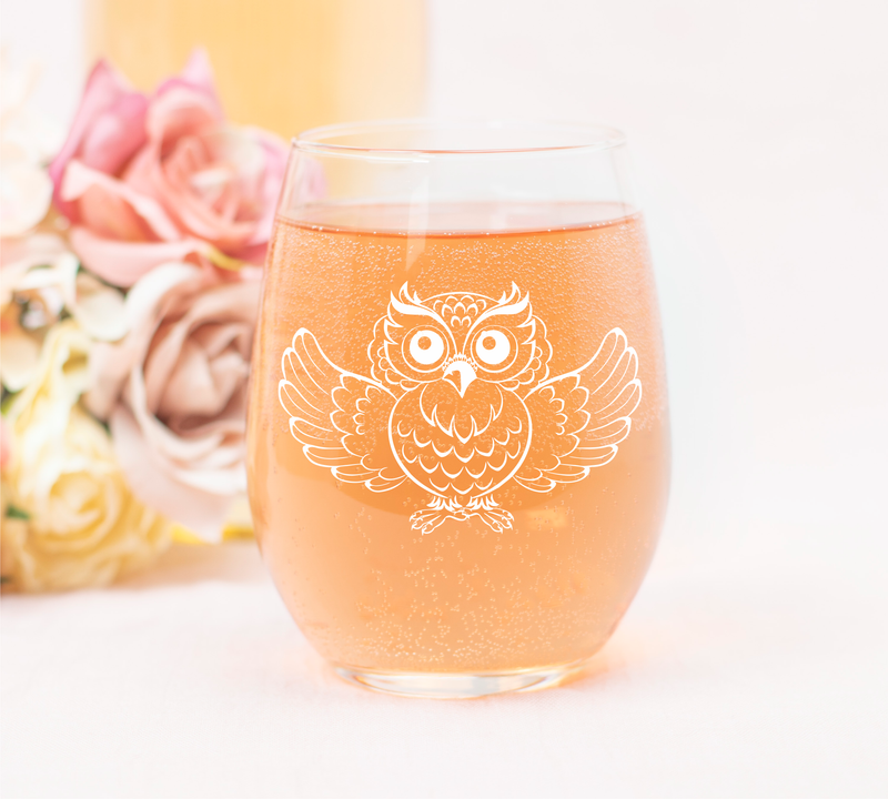 Owl Stemless Wine Glass - Owl Themed Gift for Women and Men -  17 oz. (Style O1)