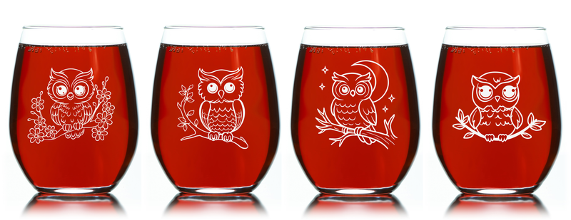 Owl Stemless Wine Glass Set – Owl Themed Gift for Women and Men - 4 Pieces