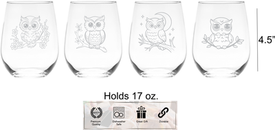 Owl Stemless Wine Glass Set – Owl Themed Gift for Women and Men - 4 Pieces