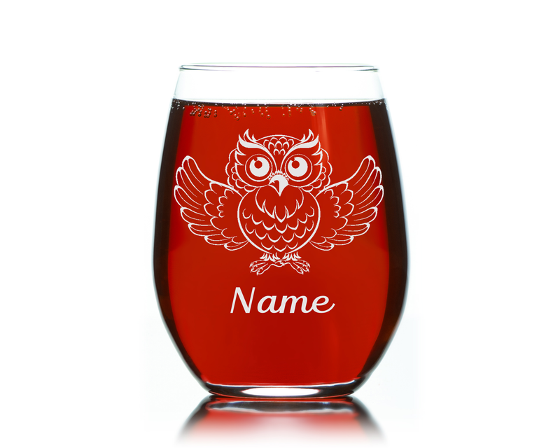 Owl with Name 17 oz.  Custom Stemless Wine Glass - Personalized Owl Themed Gift for Women and Men