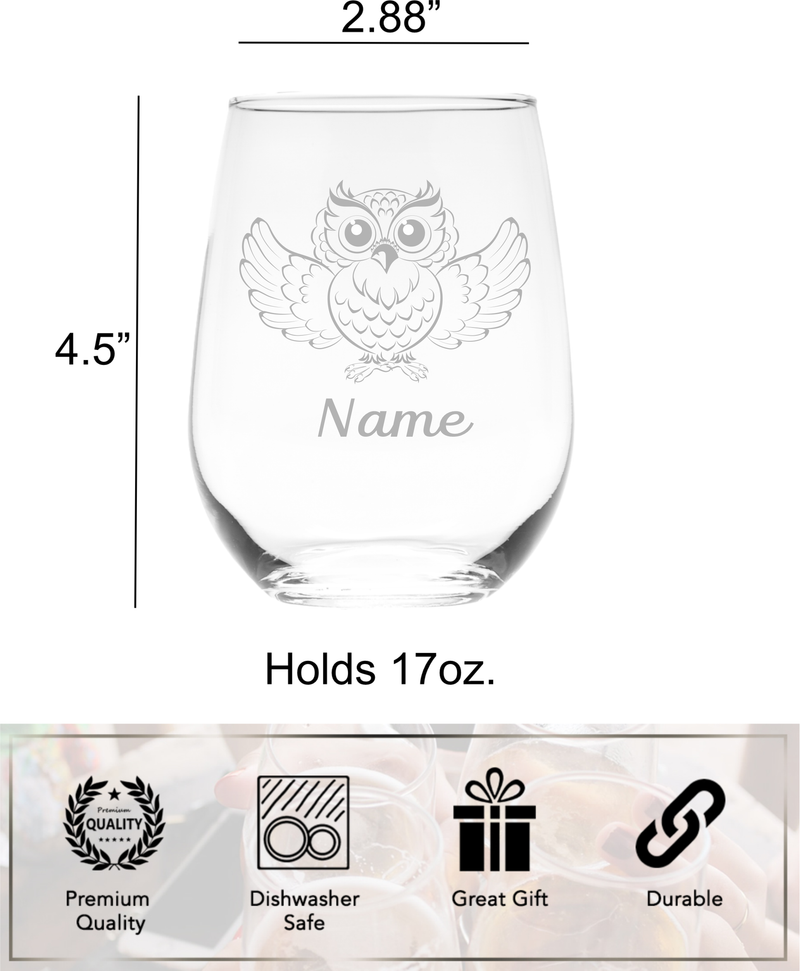 Owl with Name 17 oz.  Custom Stemless Wine Glass - Personalized Owl Themed Gift for Women and Men