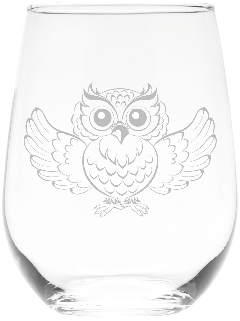 Owl Stemless Wine Glass - Owl Themed Gift for Women and Men -  17 oz. (Style O1)