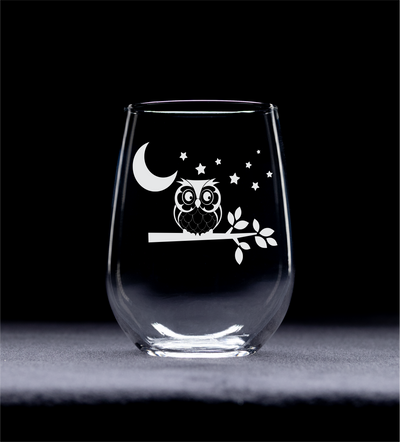 Owl with Moon and Stars Stemless Wine Glass - Cute Owl Themed Gift for Women and Men - 17 oz.