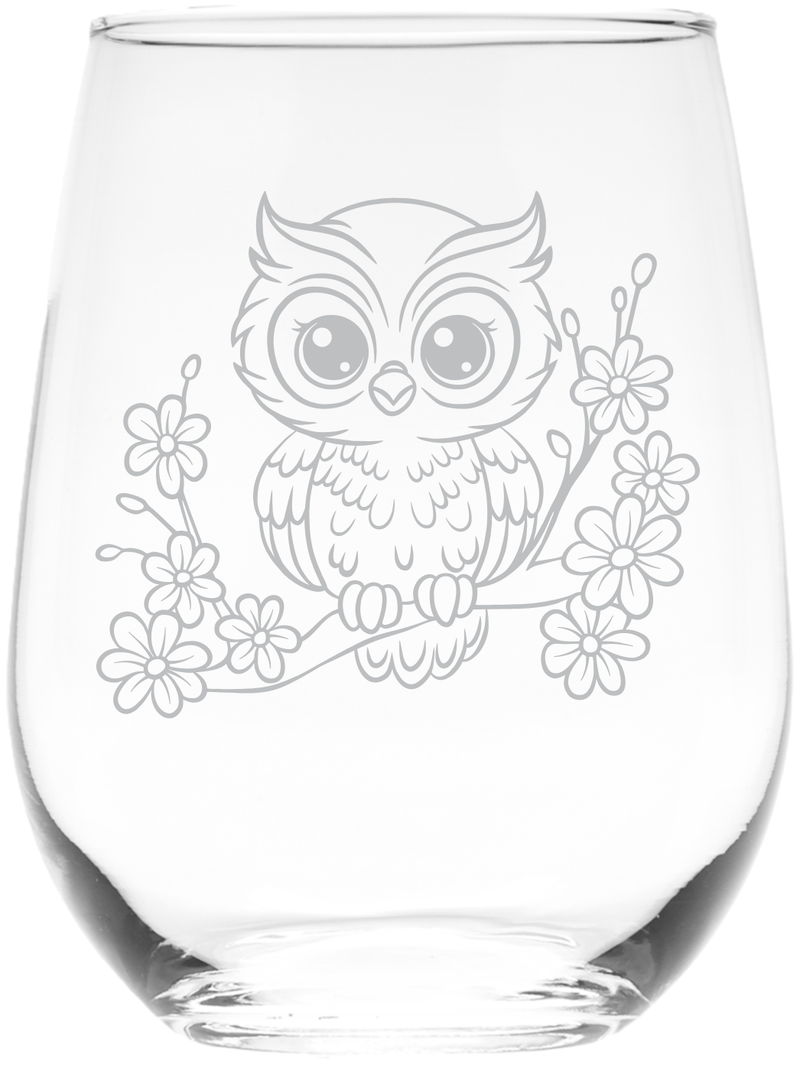 Owl Stemless Wine Glass - Cute Owl Themed Gift for Women and Men - 17 oz. (Style O2)