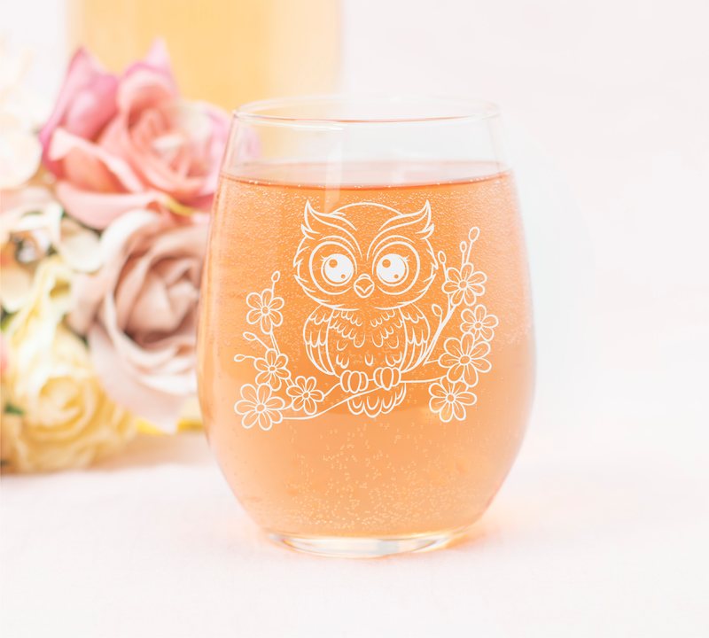 Owl Stemless Wine Glass - Cute Owl Themed Gift for Women and Men - 17 oz. (Style O2)