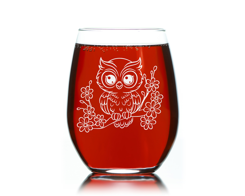 Owl Stemless Wine Glass - Cute Owl Themed Gift for Women and Men - 17 oz. (Style O2)