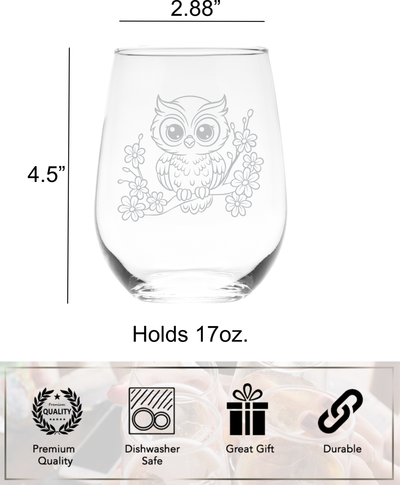 Owl Stemless Wine Glass - Cute Owl Themed Gift for Women and Men - 17 oz. (Style O2)