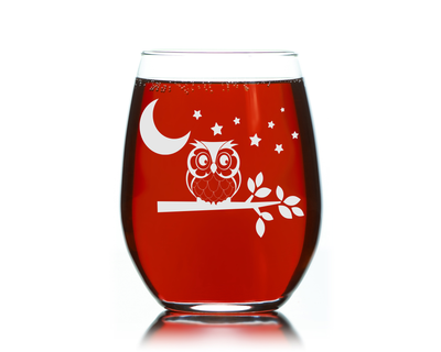 Owl with Moon and Stars Stemless Wine Glass - Cute Owl Themed Gift for Women and Men - 17 oz.