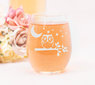 Owl with Moon and Stars Stemless Wine Glass - Cute Owl Themed Gift for Women and Men - 17 oz.