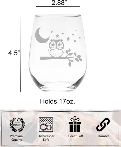 Owl with Moon and Stars Stemless Wine Glass - Cute Owl Themed Gift for Women and Men - 17 oz.