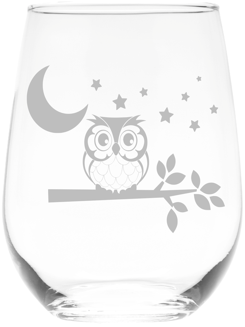 Owl with Moon and Stars Stemless Wine Glass - Cute Owl Themed Gift for Women and Men - 17 oz.