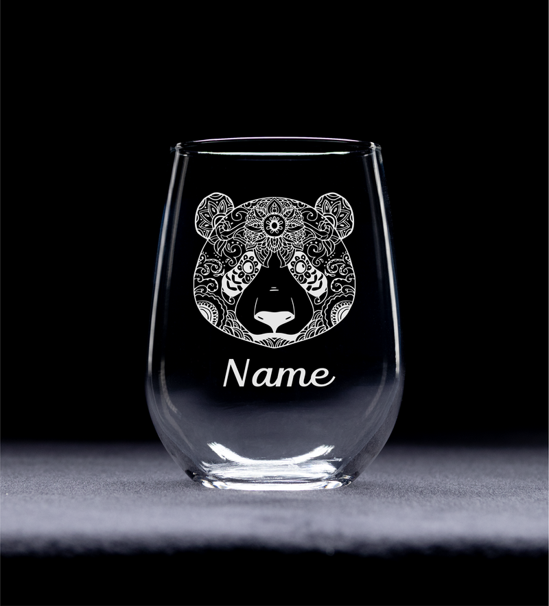 Panda with Name 17 oz.  Custom Stemless Wine Glass - Personalized Panda Themed Gift for Women and Men
