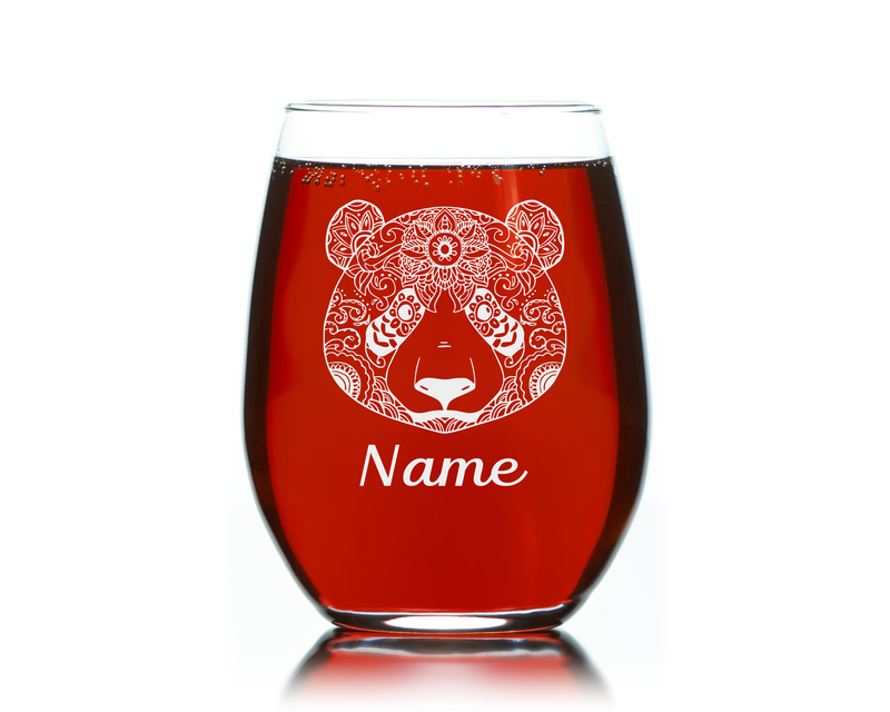 Panda with Name 17 oz.  Custom Stemless Wine Glass - Personalized Panda Themed Gift for Women and Men
