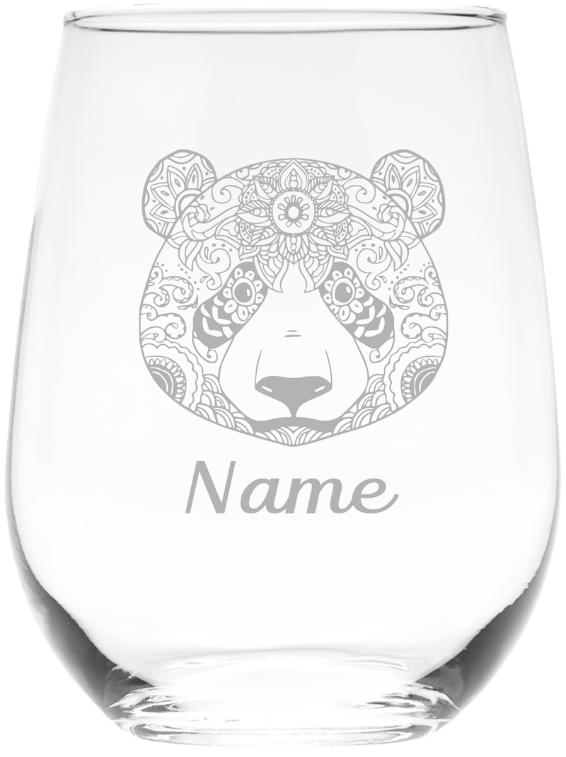 Panda with Name 17 oz.  Custom Stemless Wine Glass - Personalized Panda Themed Gift for Women and Men