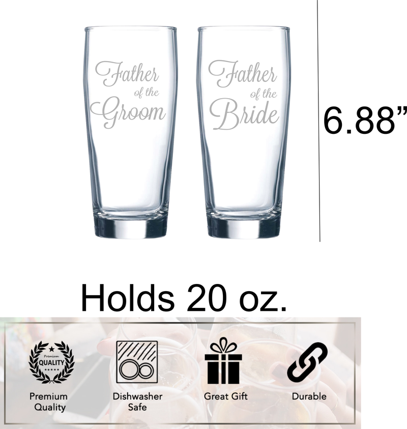 Father and Mother of the Groom and Bride -  Beer Glass and  Stemless Wine Glass Set for Mom and Dad -Weddings  for Men, Women - 4 Pieces