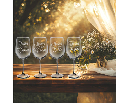 Father and Mother of the Groom and Bride - Wine Glass Set for Mom and Dad -Weddings Engagements Bridal for Men and Women - 4 Pieces