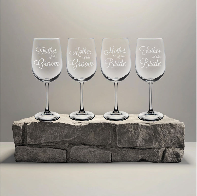 Father and Mother of the Groom and Bride - Wine Glass Set for Mom and Dad -Weddings Engagements Bridal for Men and Women - 4 Pieces