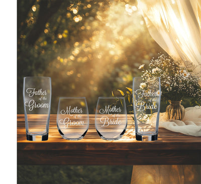 Father and Mother of the Groom and Bride -  Beer Glass and  Stemless Wine Glass Set for Mom and Dad -Weddings  for Men, Women - 4 Pieces