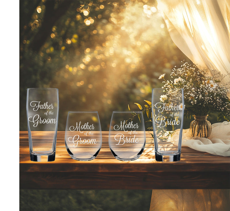 Father and Mother of the Groom and Bride -  Beer Glass and  Stemless Wine Glass Set for Mom and Dad -Weddings  for Men, Women - 4 Pieces