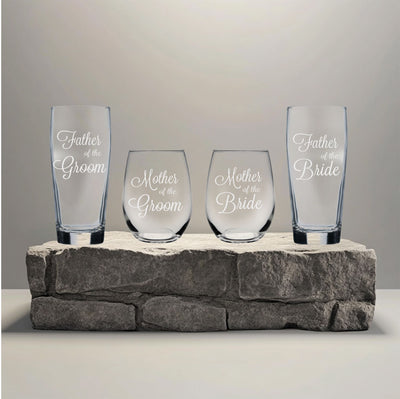 Father and Mother of the Groom and Bride -  Beer Glass and  Stemless Wine Glass Set for Mom and Dad -Weddings  for Men, Women - 4 Pieces