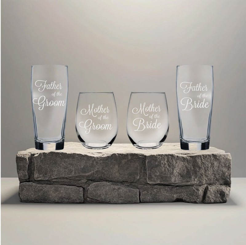 Father and Mother of the Groom and Bride -  Beer Glass and  Stemless Wine Glass Set for Mom and Dad -Weddings  for Men, Women - 4 Pieces