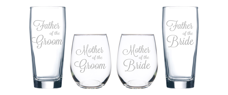 Father and Mother of the Groom and Bride -  Beer Glass and  Stemless Wine Glass Set for Mom and Dad -Weddings  for Men, Women - 4 Pieces
