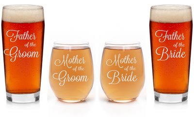 Father and Mother of the Groom and Bride -  Beer Glass and  Stemless Wine Glass Set for Mom and Dad -Weddings  for Men, Women - 4 Pieces