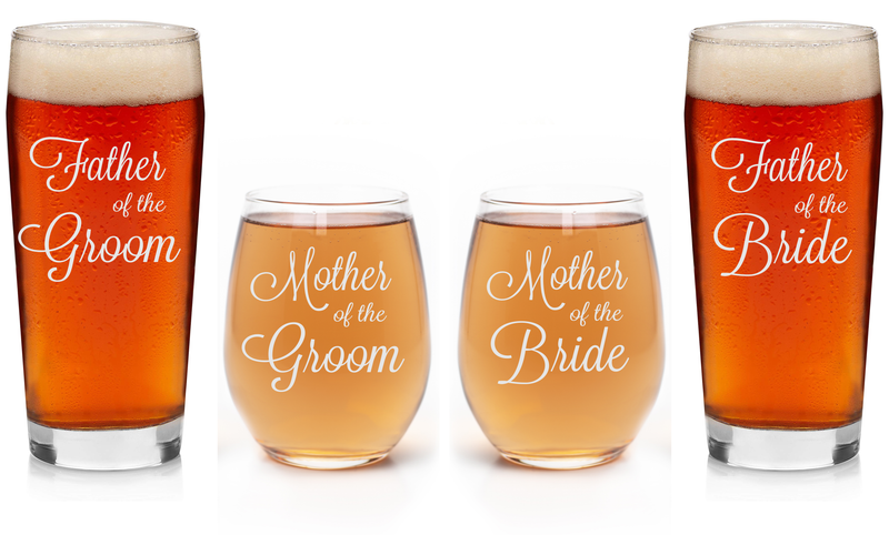 Father and Mother of the Groom and Bride -  Beer Glass and  Stemless Wine Glass Set for Mom and Dad -Weddings  for Men, Women - 4 Pieces