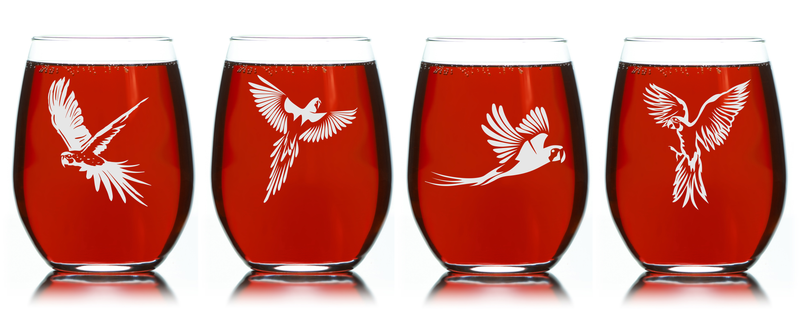 Parrot Stemless Wine Glass Set - Parrot Themed Gift for Women and Men - 4 Pieces