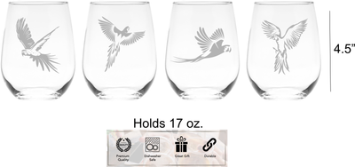 Parrot Stemless Wine Glass Set - Parrot Themed Gift for Women and Men - 4 Pieces