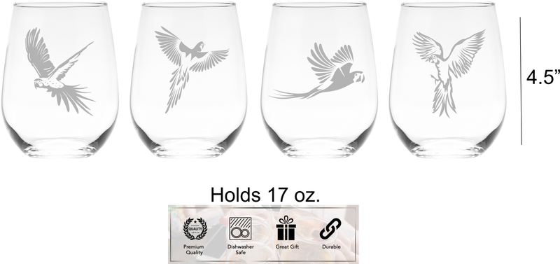 Parrot Stemless Wine Glass Set - Parrot Themed Gift for Women and Men - 4 Pieces