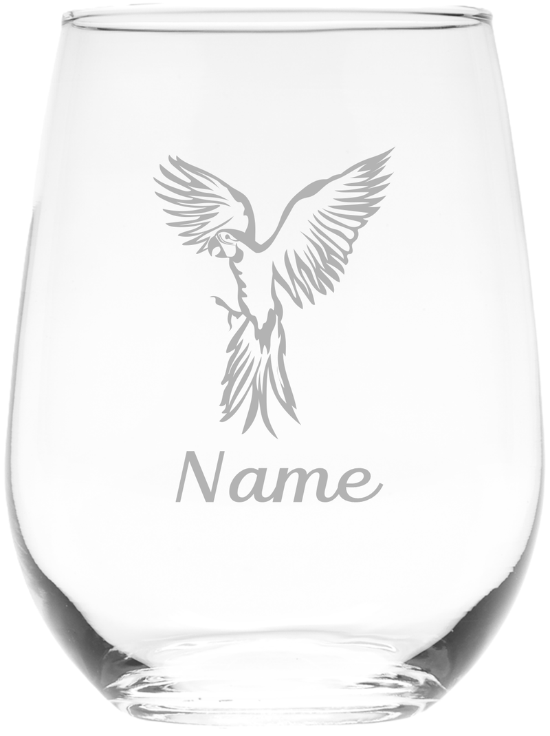 Parrot with Name 17 oz.  Custom Stemless Wine Glass - Personalized Parrot Themed Gift for Women and Men