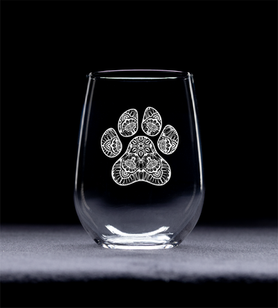Pawprint Stemless Wine Glass, 17 oz.  Dog and Cat Lover Gift (Style P1)