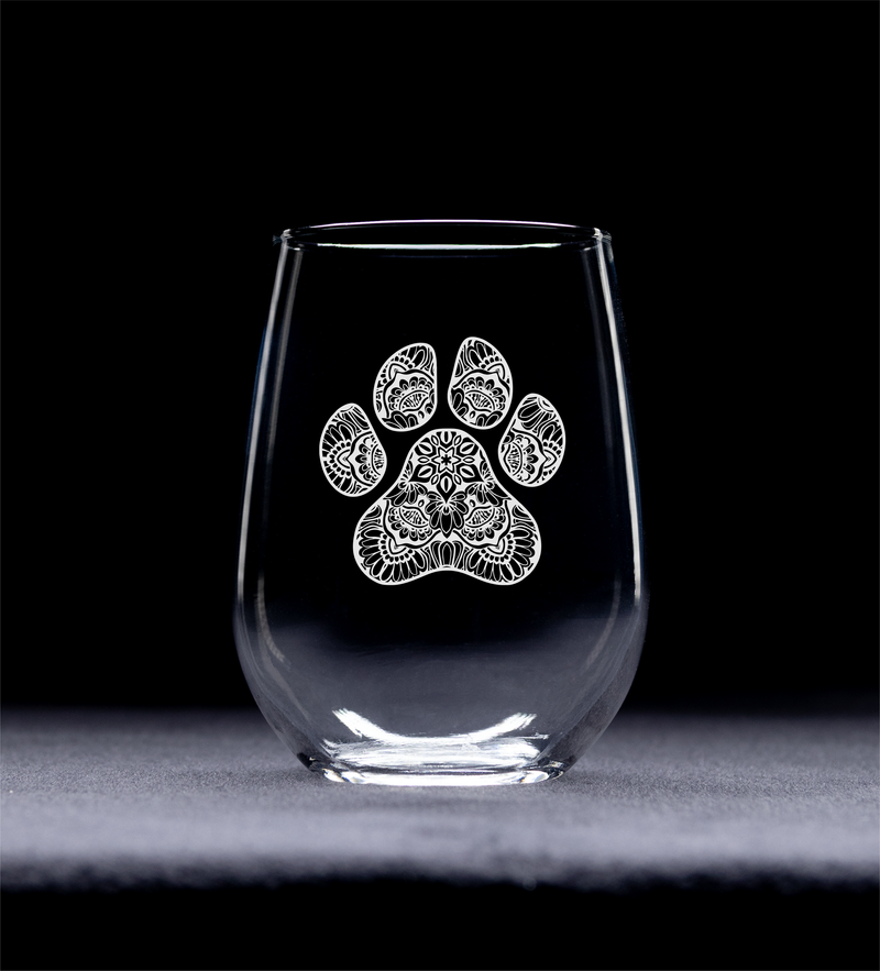 Pawprint Stemless Wine Glass, 17 oz.  Dog and Cat Lover Gift (Style P1)