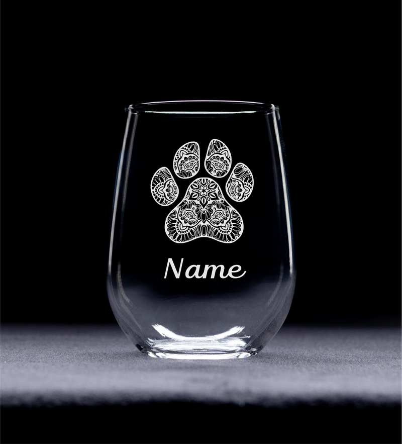 Paw Print with Name 17 oz.  Custom Stemless Wine Glass - Personalized Paw Print Themed Gift for Women and Men