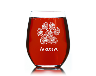 Paw Print with Name 17 oz.  Custom Stemless Wine Glass - Personalized Paw Print Themed Gift for Women and Men