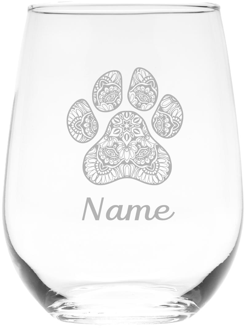 Paw Print with Name 17 oz.  Custom Stemless Wine Glass - Personalized Paw Print Themed Gift for Women and Men