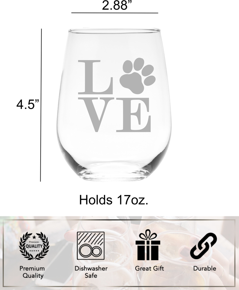 Paw print LOVE 17 oz. stemless wine glass