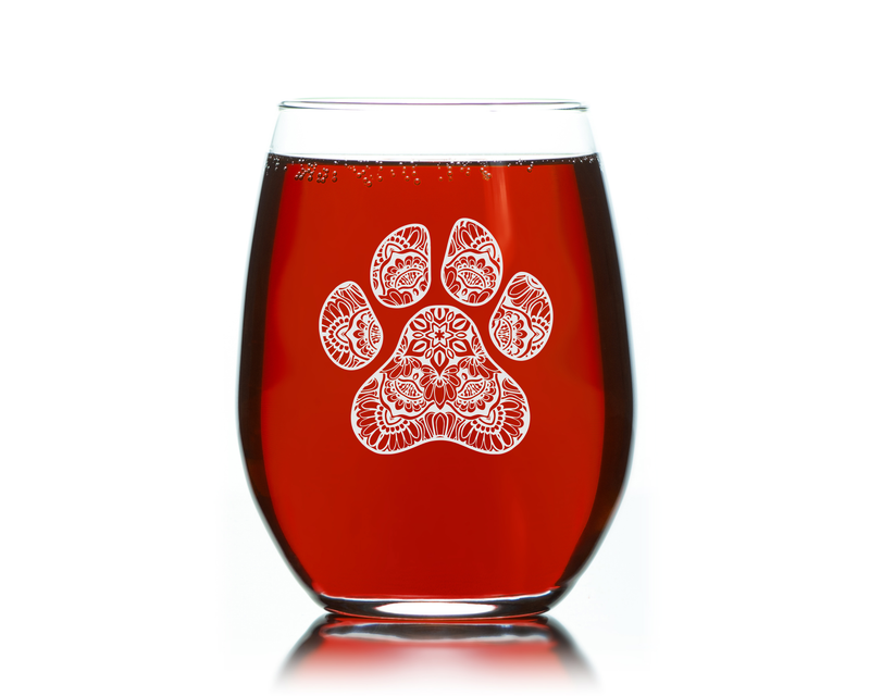 Pawprint Stemless Wine Glass, 17 oz.  Dog and Cat Lover Gift (Style P1)