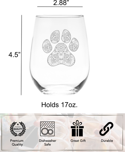 Pawprint Stemless Wine Glass, 17 oz.  Dog and Cat Lover Gift (Style P1)