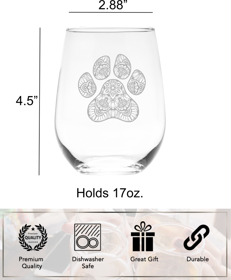 Pawprint Stemless Wine Glass, 17 oz.  Dog and Cat Lover Gift (Style P1)