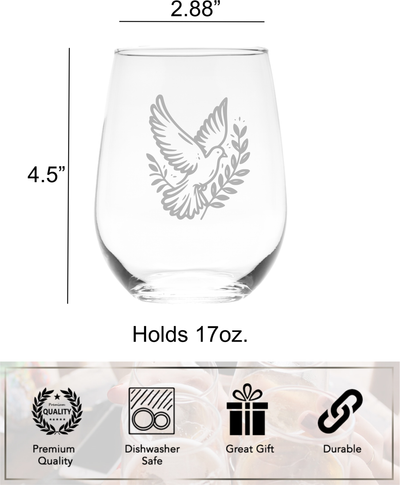 Peaceful Dove Stemless Wine Glass - Bird Lover Gift for Men and Women - Weddings Bridal Engagement Anniversaries - 17 oz.